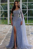 Elegant Blue One Shoulder Beading Long Sleeve Prom Dress With Slit-misshow.com
