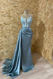 Elegant Blue Strapless Sleeveless Mermaid Elastic Woven Satin Prom Dresses with Ruffles-misshow.com