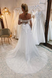 Elegant Boho Long White A-line Lace Sleeveless Tulle Wedding Dresses-misshow.com