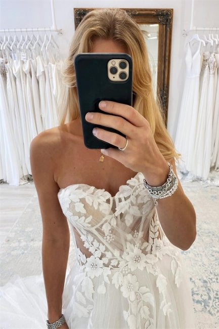 Elegant Boho Long White A-line Lace Sleeveless Tulle Wedding Dresses-misshow.com