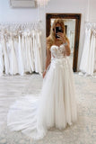 Elegant Boho Long White A-line Lace Sleeveless Tulle Wedding Dresses