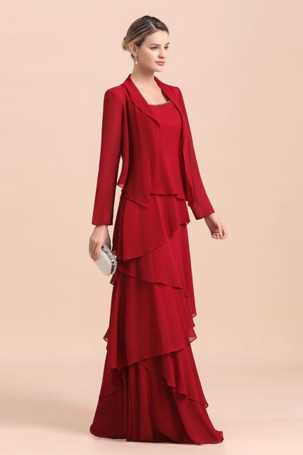 Elegant Burgundy Chiffon Mother of the Bride Dress Ruffles With Jacket-misshow.com