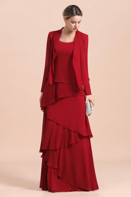 Elegant Burgundy Chiffon Mother of the Bride Dress Ruffles With Jacket-misshow.com