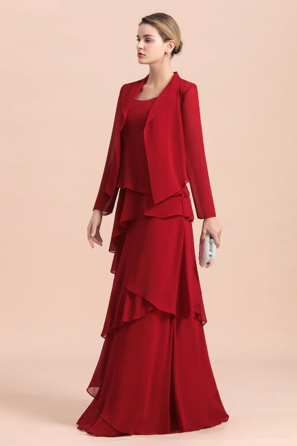 Elegant Burgundy Chiffon Mother of the Bride Dress Ruffles With Jacket-misshow.com