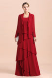 Elegantes Burgunder-Chiffon-Kleid für die Brautmutter mit Rüschen und Jacke
