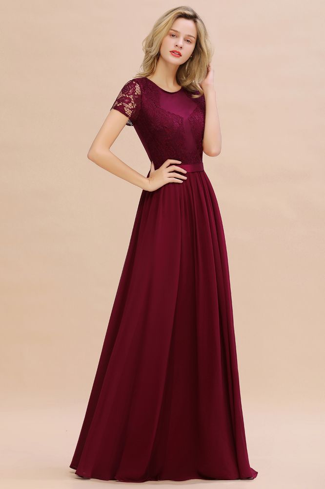Looking for Bridesmaid Dresses in 100D Chiffon,Lace, A-line style, and Gorgeous Lace work  MISSHOW has all covered on this elegant Elegant Chiffon Lace Jewel Short Sleeves Floor-Length A-Line Bridesmaid Dress.