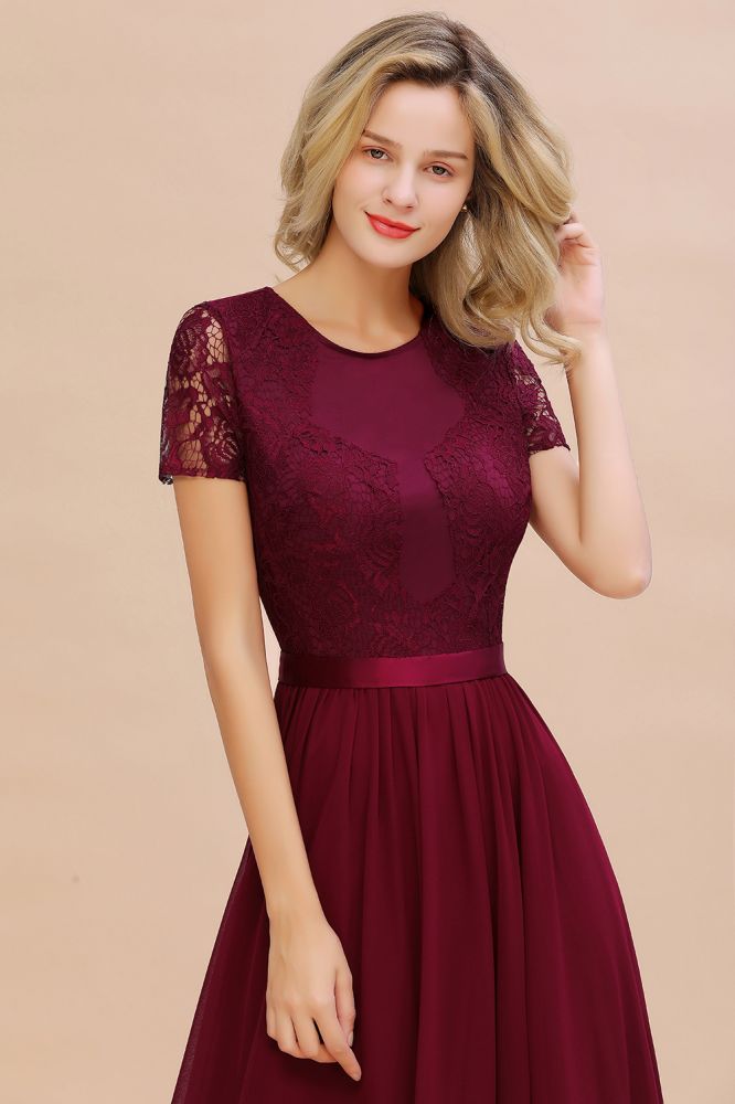Looking for Bridesmaid Dresses in 100D Chiffon,Lace, A-line style, and Gorgeous Lace work  MISSHOW has all covered on this elegant Elegant Chiffon Lace Jewel Short Sleeves Floor-Length A-Line Bridesmaid Dress.