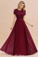 Looking for Bridesmaid Dresses in 100D Chiffon,Lace, A-line style, and Gorgeous Lace work  MISSHOW has all covered on this elegant Elegant Chiffon Lace Jewel Short Sleeves Floor-Length A-Line Bridesmaid Dress.