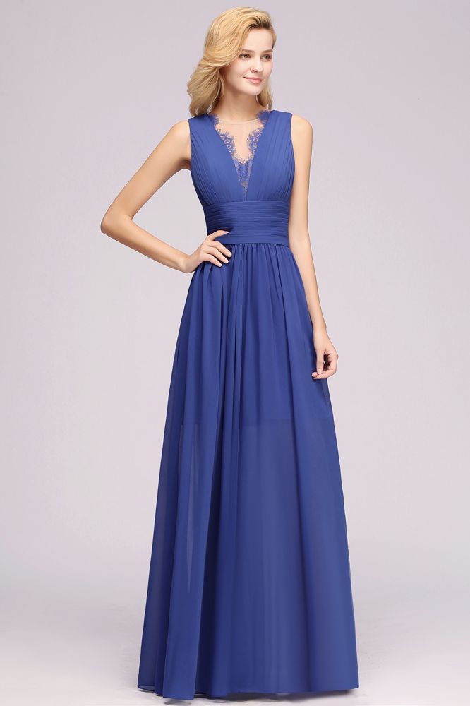 Looking for Bridesmaid Dresses in 100D Chiffon,Lace, A-line style, and Gorgeous Lace,Ruffles work  MISSHOW has all covered on this elegant Elegant Chiffon Lace Jewel Sleeveless Floor-Length A-Line Ruffles Bridesmaid Dress.