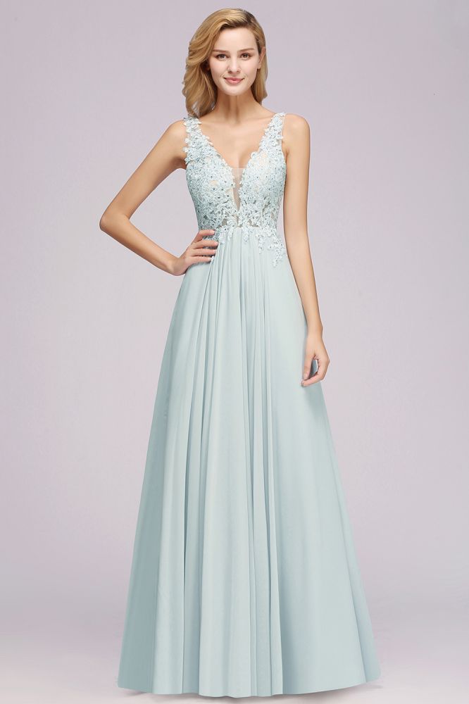 MISSHOW offers Elegant Chiffon Lace V-Neck Sleeveless Floor-Length A-Line Bridesmaid Dress with Beadings at a good price from Misshow