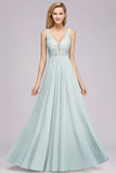 Elegant Chiffon Lace V-Neck Sleeveless Floor-Length A-Line Bridesmaid Dress with Beadings