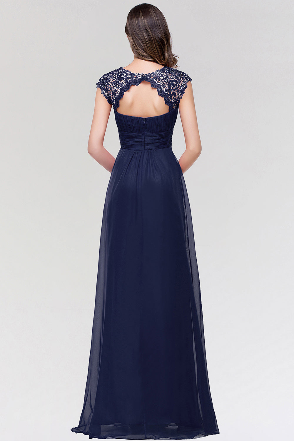 Elegant Chiffon Pleated Navy Lace Bridesmaid Dresses with Keyhole Back