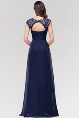 Elegant Chiffon Pleated Navy Lace Bridesmaid Dresses with Keyhole Back