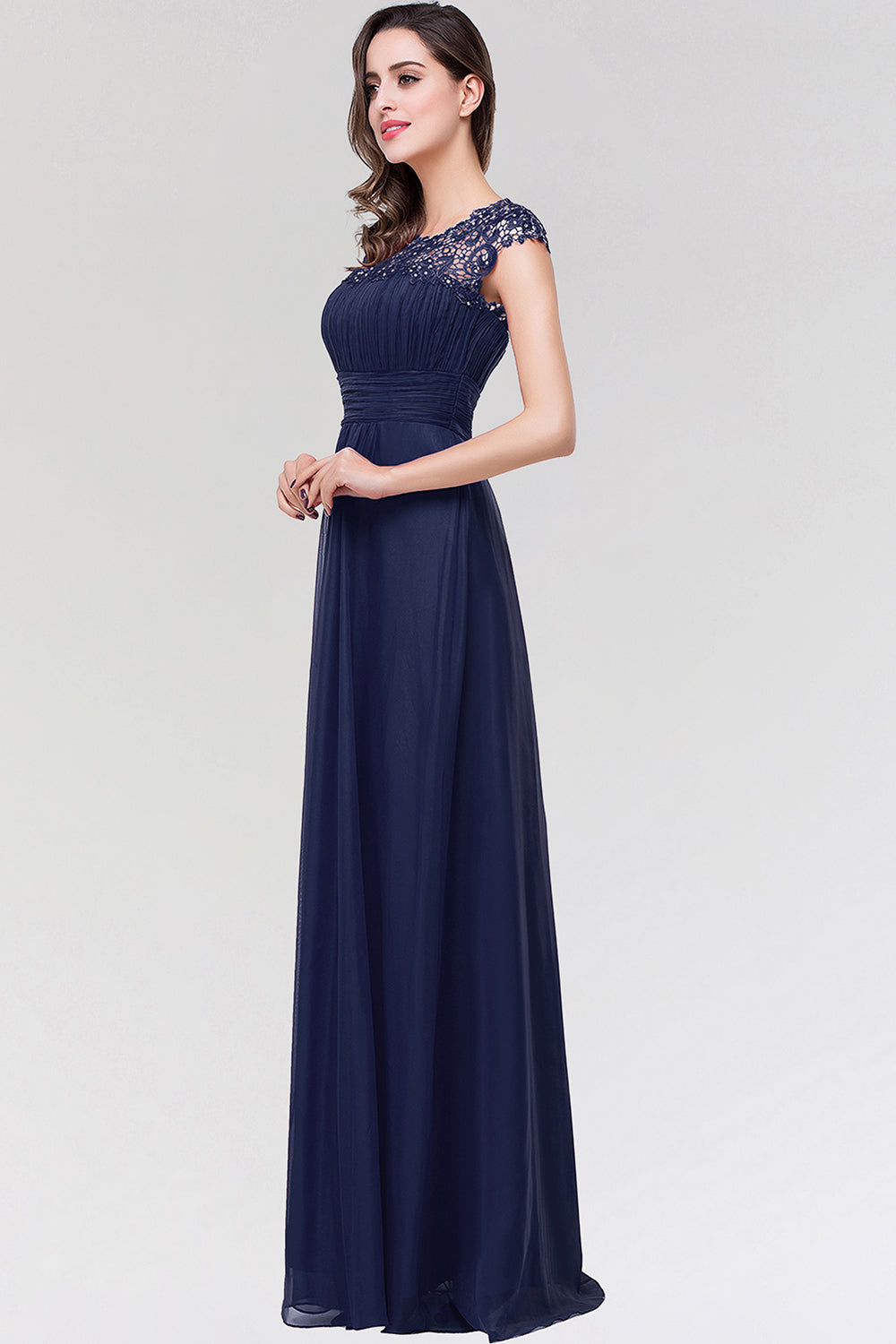 Elegant Chiffon Pleated Navy Lace Bridesmaid Dresses with Keyhole Back