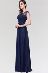 Elegant Chiffon Pleated Navy Lace Bridesmaid Dresses with Keyhole Back