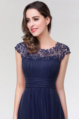 Elegant Chiffon Pleated Navy Lace Bridesmaid Dresses with Keyhole Back