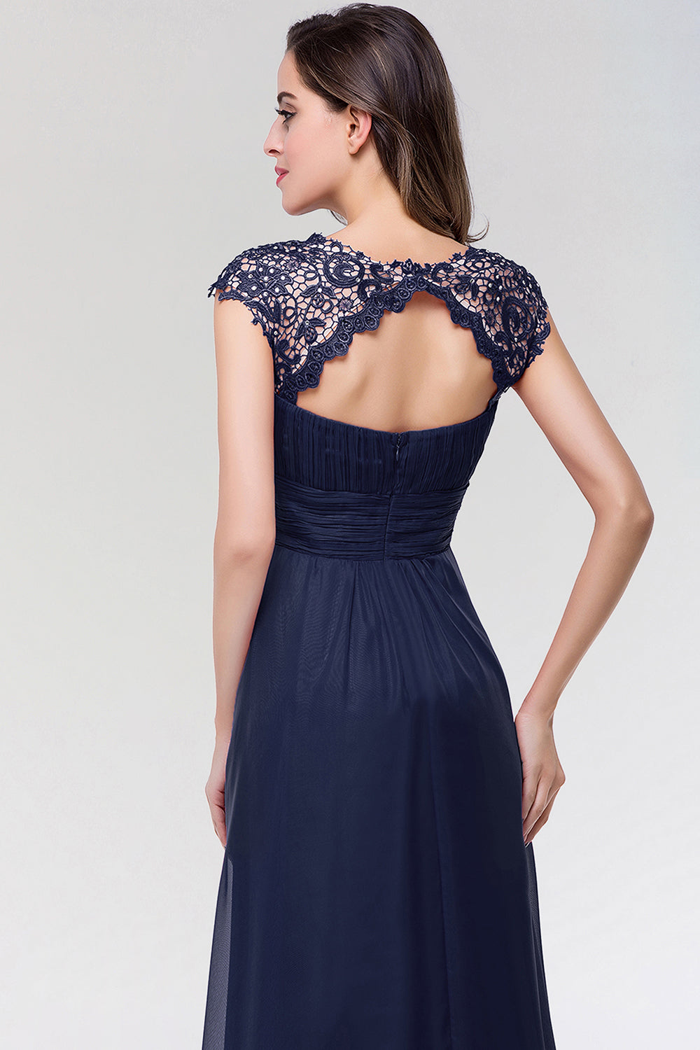 Elegant Chiffon Pleated Navy Lace Bridesmaid Dresses with Keyhole Back