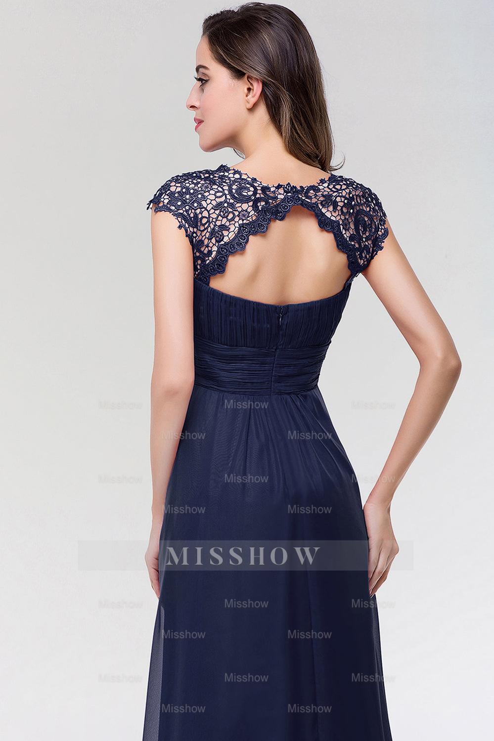 Elegant Chiffon Pleated Navy Lace Bridesmaid Dresses with Keyhole Back Elegant Chiffon Pleated Navy Lace Bridesmaid Dresses with Keyhole Back