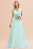 Elegant Chiffon V-Neck Sleeveless Floor-Length A-line Bridesmaid Dress with Ruffles