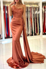 Elegant Coral One-shoulder Sleeveless Mermaid Floor-Length Satin Prom Evening Dresses with Ruffles-misshow.com