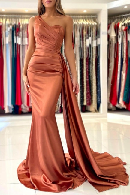 Elegant Coral One-shoulder Sleeveless Mermaid Floor-Length Satin Prom Evening Dresses with Ruffles-misshow.com