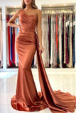 Elegant Coral One-shoulder Sleeveless Mermaid Floor-Length Satin Prom Dresses with Ruffles-misshow.com