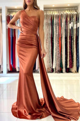 Elegant Coral One-shoulder Sleeveless Mermaid Floor-Length Satin Prom Evening Dresses with Ruffles-misshow.com