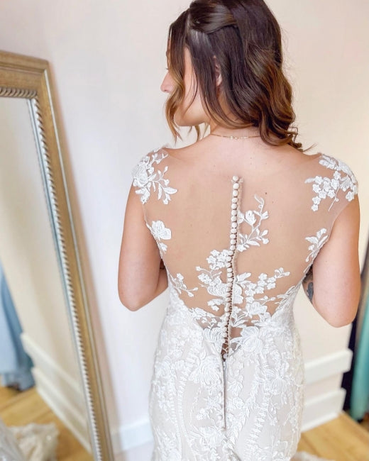 Elegant Cream Appliques Mermaid Wedding Dresses with Lace-misshow.com
