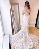 Elegant Cream Appliques Mermaid Wedding Dresses with Lace-misshow.com
