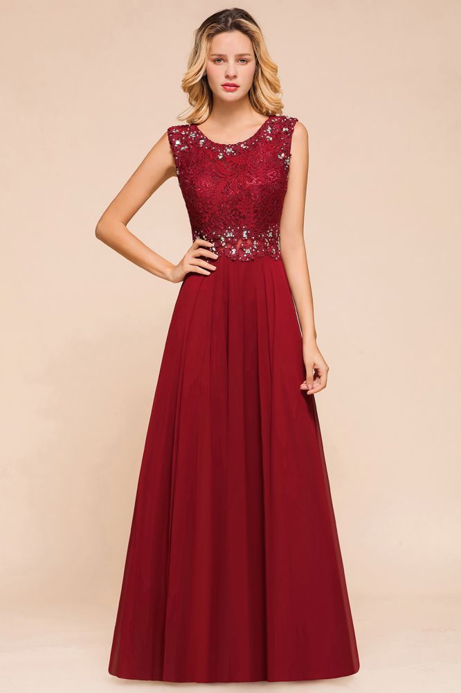 Looking for Prom Dresses in 100D Chiffon, A-line style, and Gorgeous Lace,Beading,Rhinestone work  MISSHOW has all covered on this elegant Elegant Crew Neck aline Beading Evening Dress Sleeveless Lace Floor Length Party Dress.