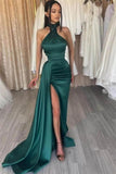 Elegant Dard Green Halter Mermaid Prom Dress With Side Slit-misshow.com