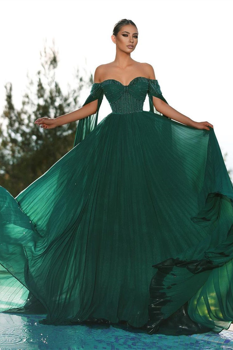 Elegant Dark Green Off-the-shoulder Sequined A-line Prom Dress-misshow.com
