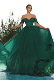 Elegant Dark Green Off-the-shoulder Sequined A-line Prom Dress-misshow.com