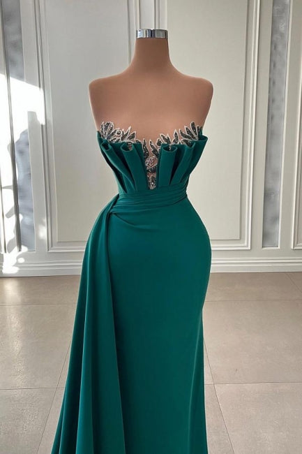 Elegant Dark Green Strapless Mermaid Long Prom Dress Evening Gowns-misshow.com