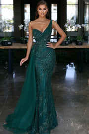 Elegant Dark Green V-neck One Shoulder Beading Prom Dress
