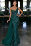 Elegant Dark Green V-neck One Shoulder Beading Prom Dress
