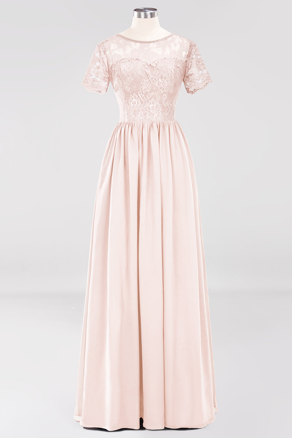Elegant Dark Navy Long Lace Bridesmaid dresses with Short-Sleeves