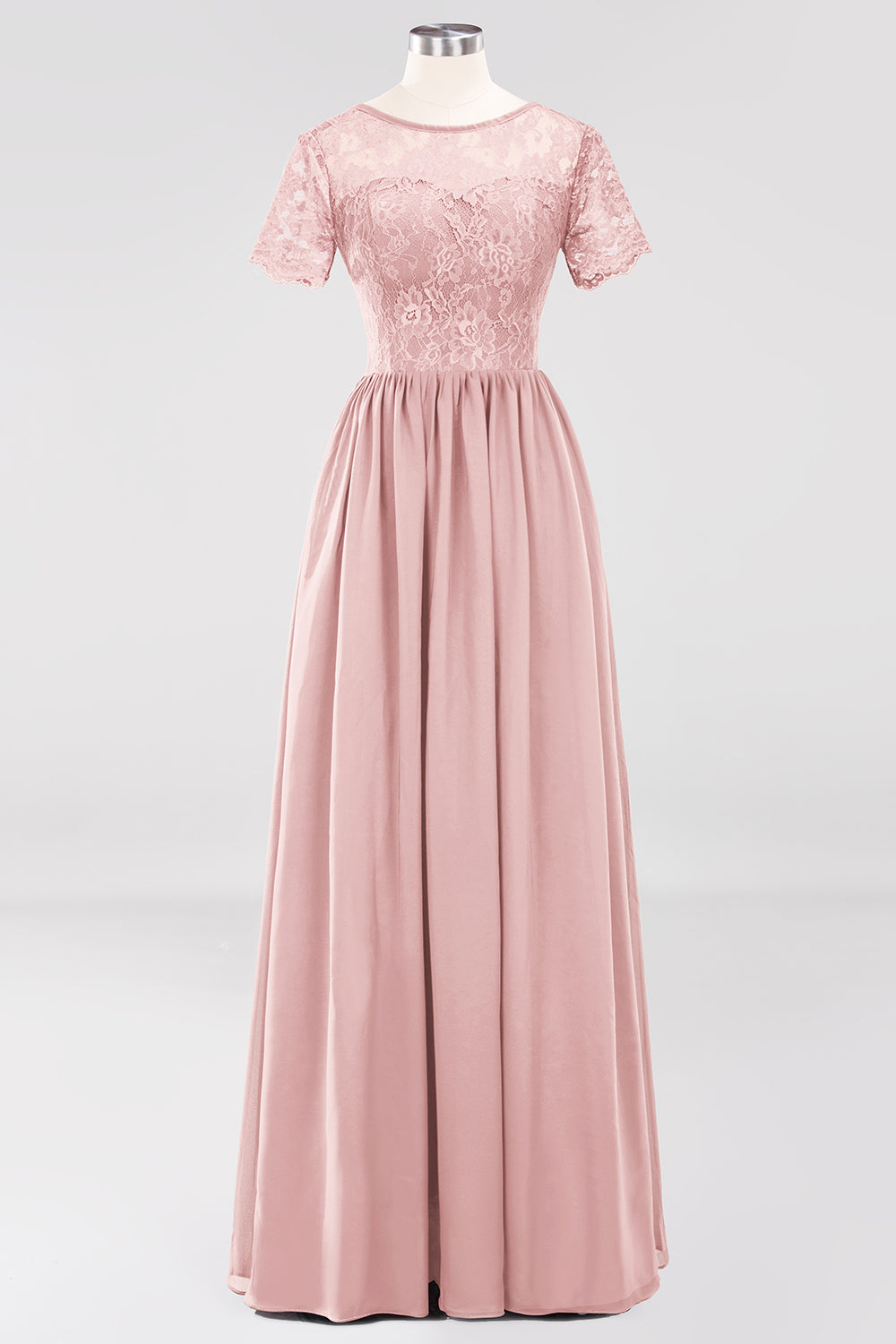 Elegant Dark Navy Long Lace Bridesmaid dresses with Short-Sleeves