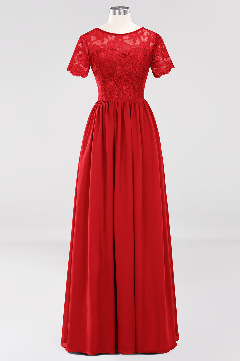 Elegant Dark Navy Long Lace Bridesmaid dresses with Short-Sleeves
