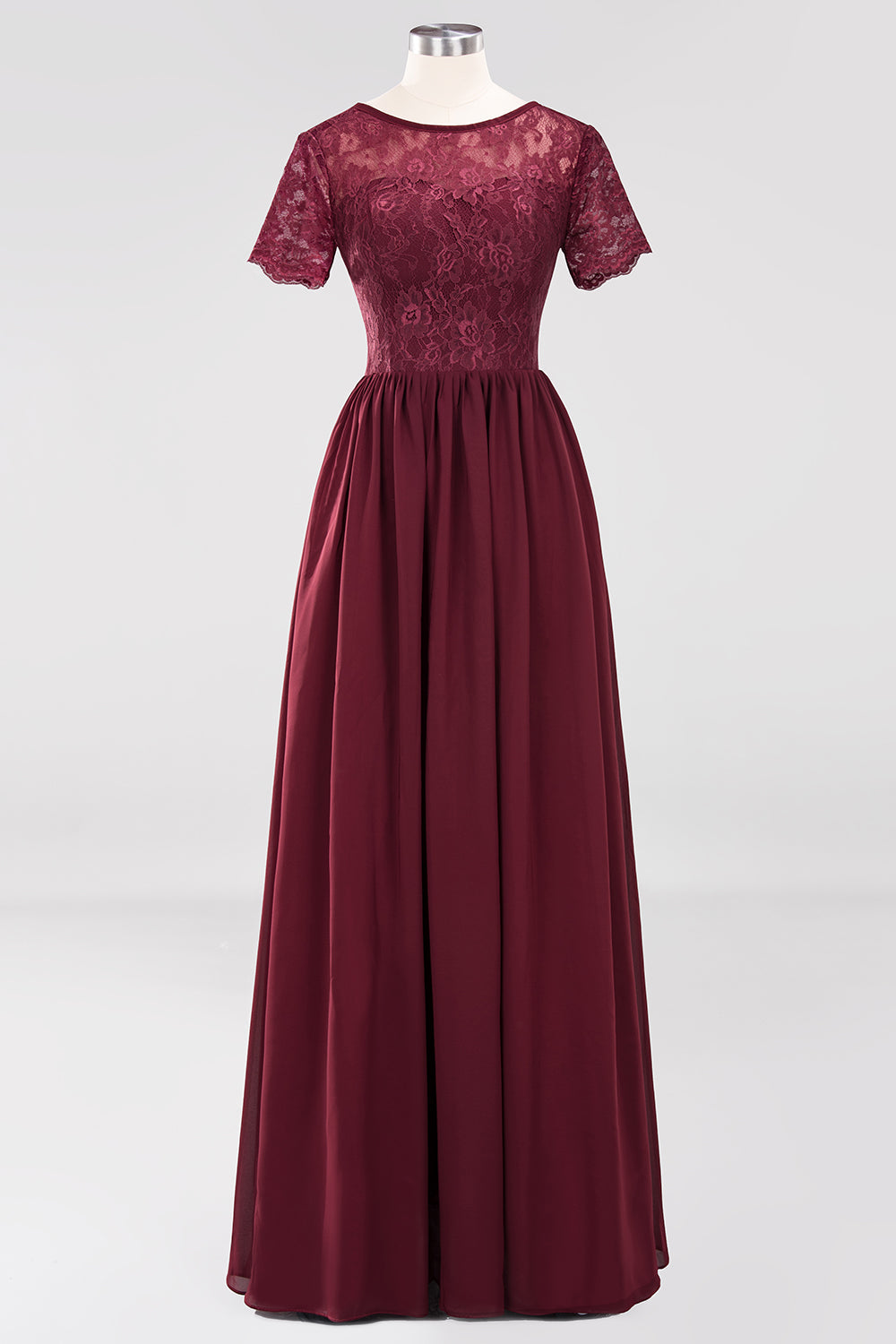 Elegant Dark Navy Long Lace Bridesmaid dresses with Short-Sleeves