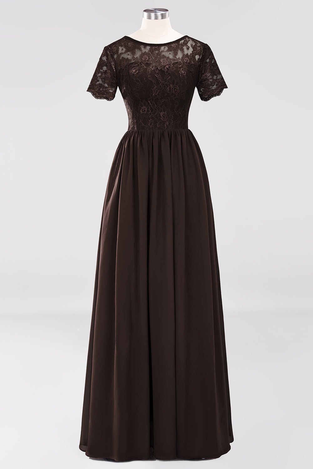 Elegant Dark Navy Long Lace Bridesmaid dresses with Short-Sleeves