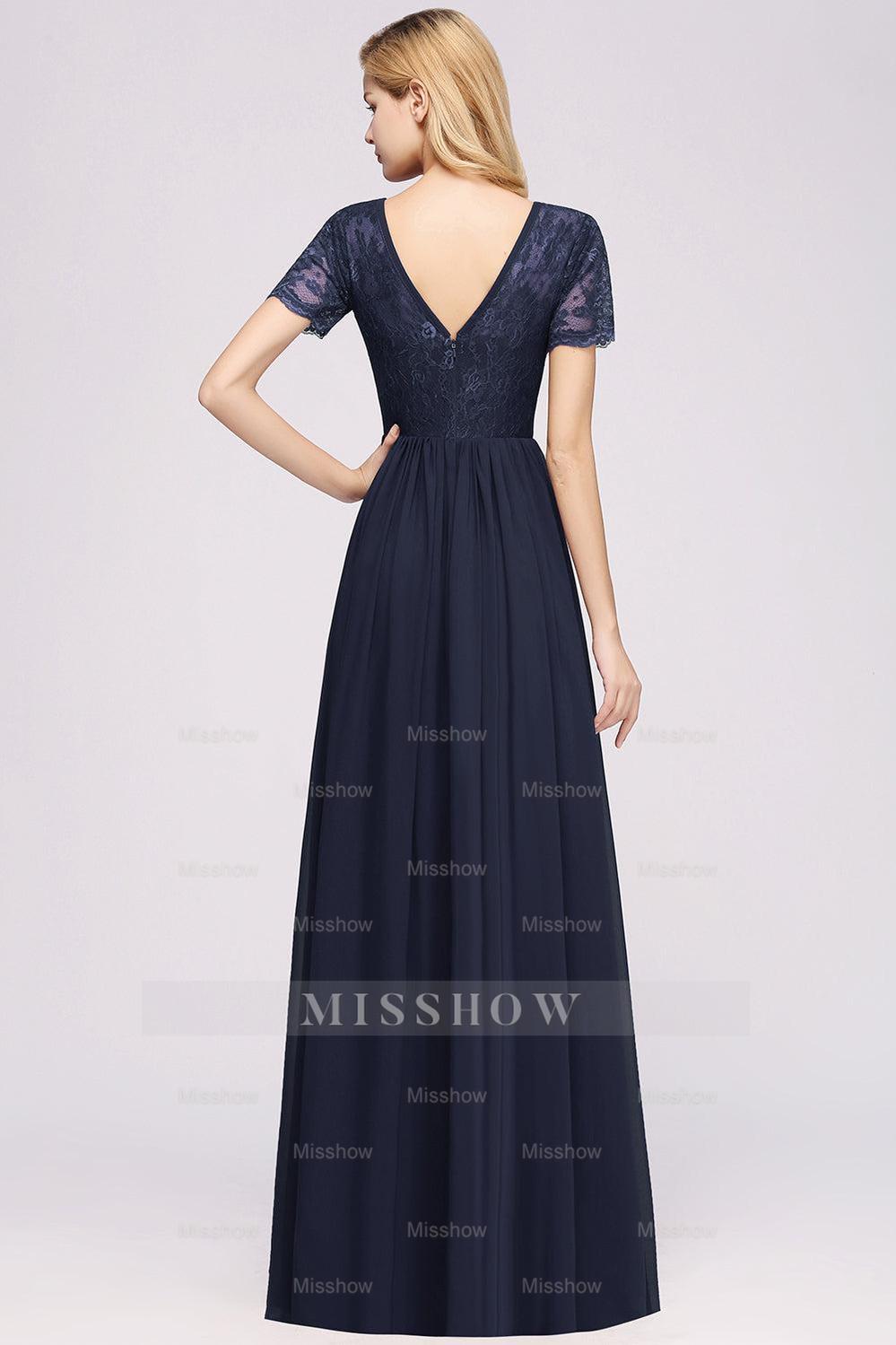 Elegant Dark Navy Long Lace Bridesmaid dresses with Short-Sleeves Elegant Dark Navy Long Lace Bridesmaid dresses with Short-Sleeves