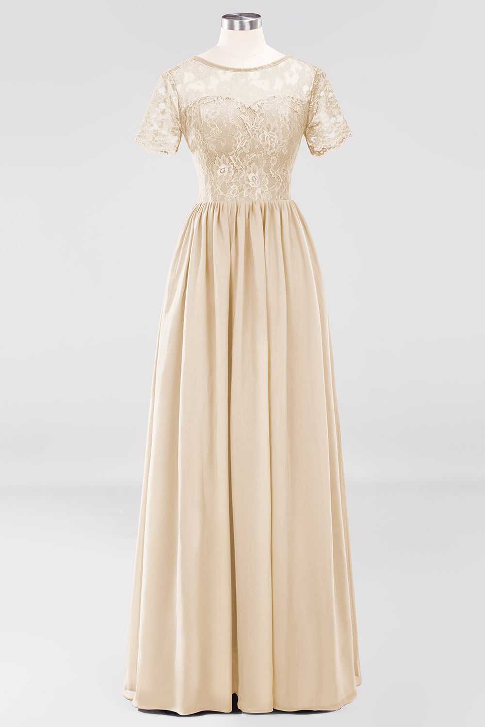 Elegant Dark Navy Long Lace Bridesmaid dresses with Short-Sleeves