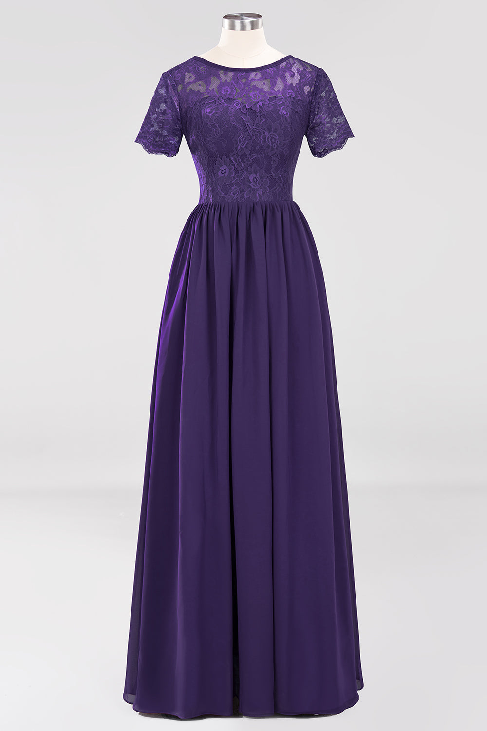 Elegant Dark Navy Long Lace Bridesmaid dresses with Short-Sleeves