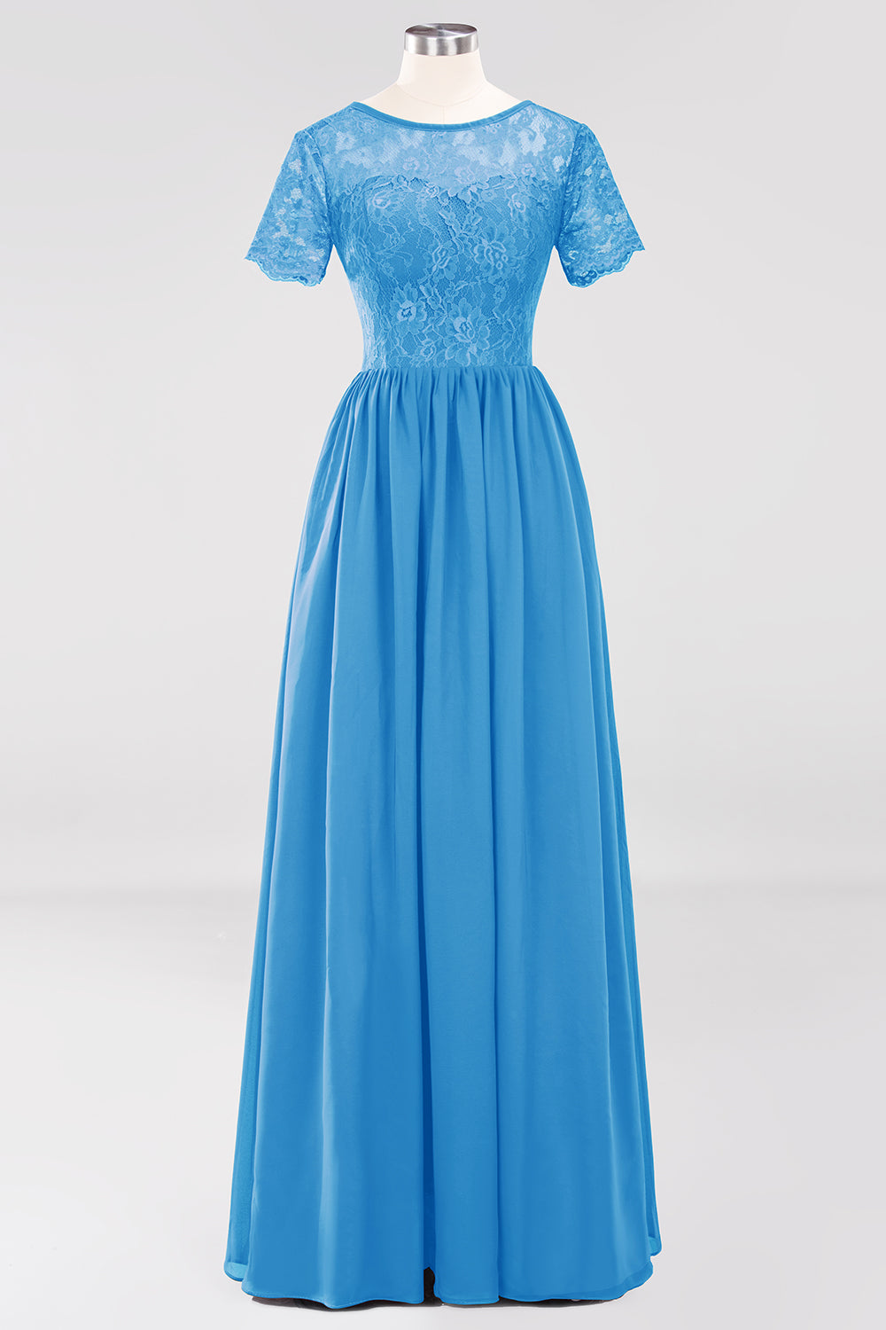Elegant Dark Navy Long Lace Bridesmaid dresses with Short-Sleeves
