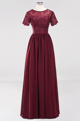 Elegant Dark Navy Long Lace Bridesmaid dresses with Short-Sleeves