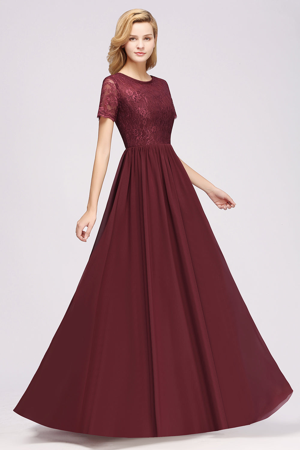 Elegant Dark Navy Long Lace Bridesmaid dresses with Short-Sleeves