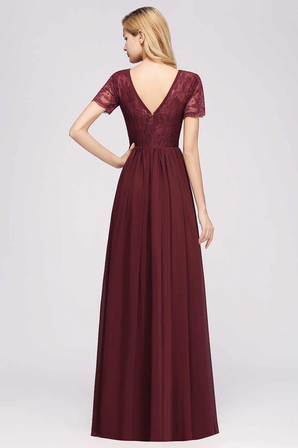 Elegant Dark Navy Long Lace Bridesmaid dresses with Short-Sleeves