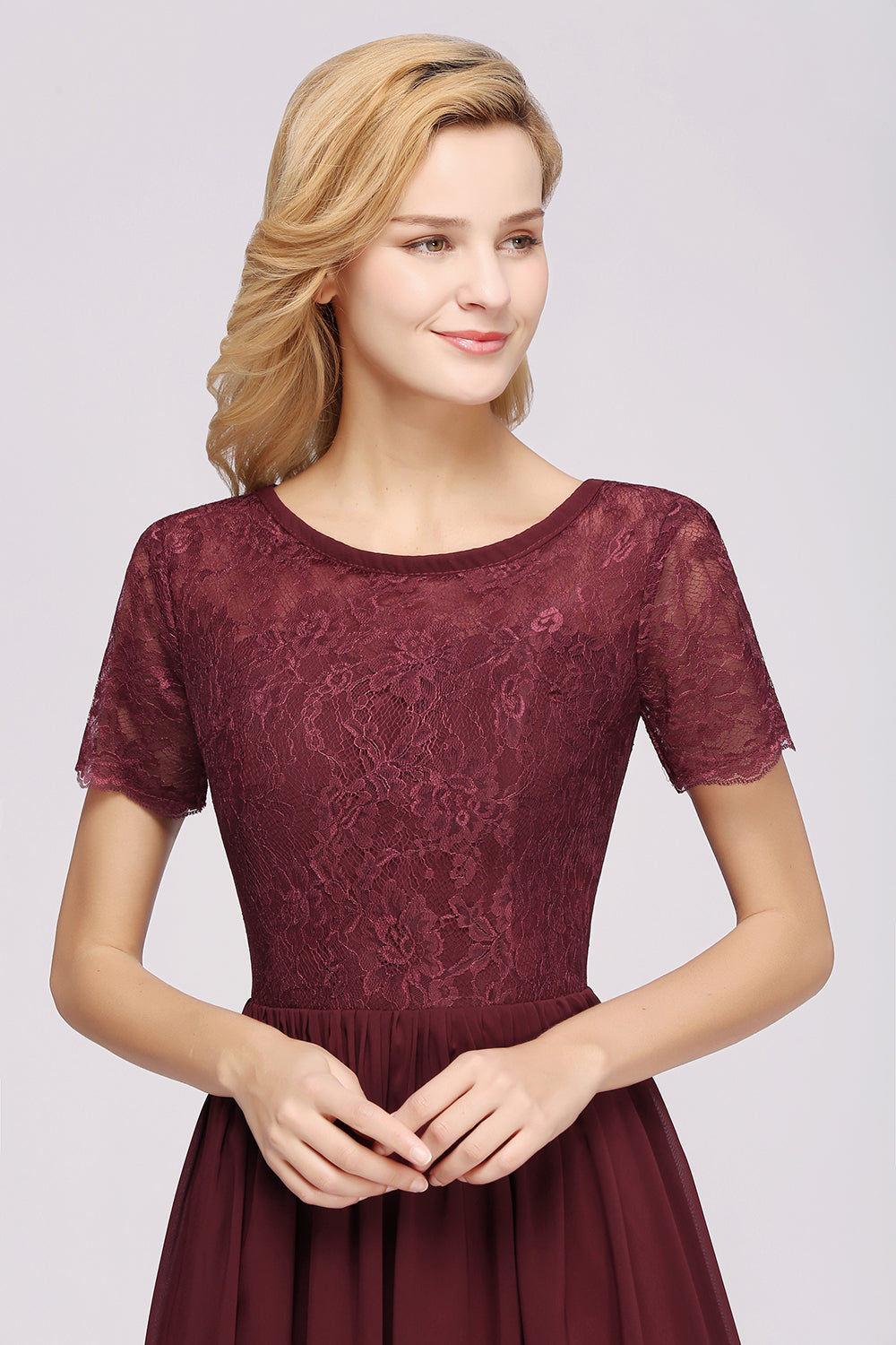 Elegant Dark Navy Long Lace Bridesmaid dresses with Short-Sleeves