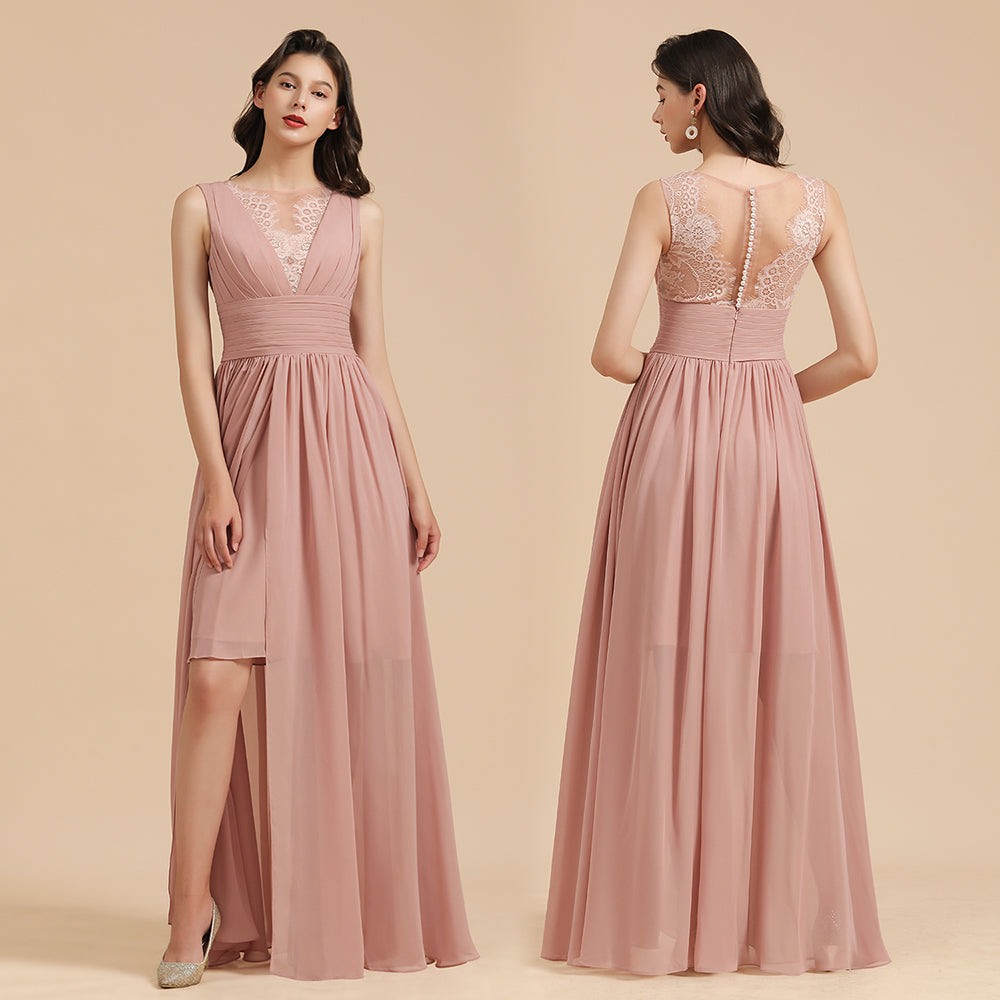 MISSHOW offers Elegant Dusty Pink Sleeveless Floral Lace Bridesmaid Dress Side Split Party Dress at a good price from Misshow